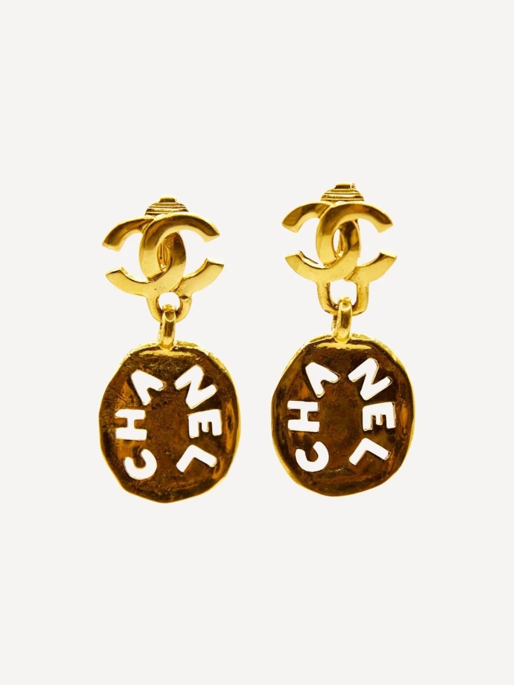 Authentic CHANEL vintage gold plated letter drop earrings clip ons